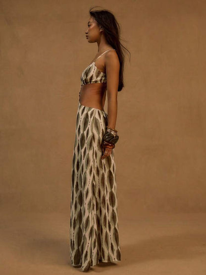 Musera Printed Chiffon Cut Out Maxi Dress - Green
