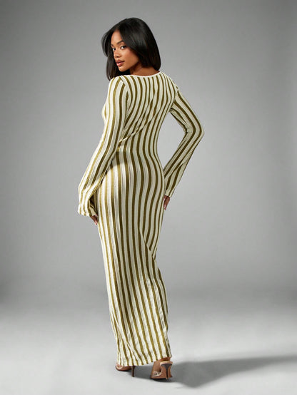 Stripe Keyhole Sheer Maxi Beach Cover Up - Multicolor
