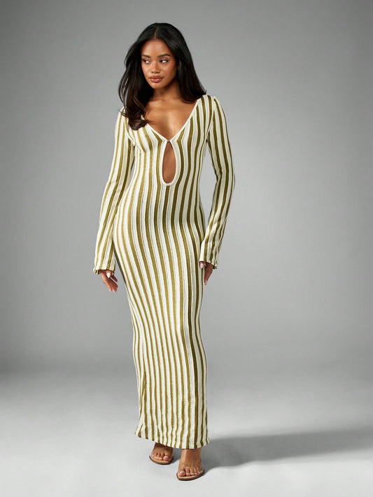 Stripe Keyhole Sheer Maxi Beach Cover Up - Multicolor