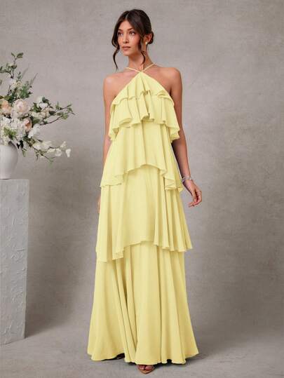 L'Amorae Halter Tiered Chiffon Maxi Dress - Yellow