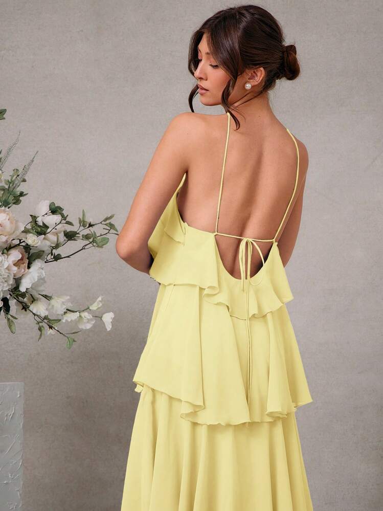 L'Amorae Halter Tiered Chiffon Maxi Dress - Yellow