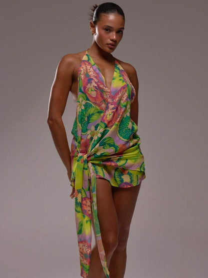 Halter V Plunge Mini Dress - Multicolor