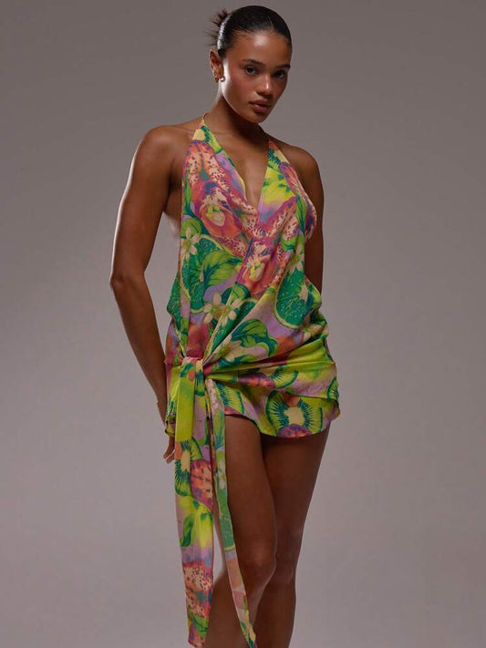 Halter V Plunge Mini Dress - Multicolor