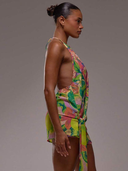 Halter V Plunge Mini Dress - Multicolor