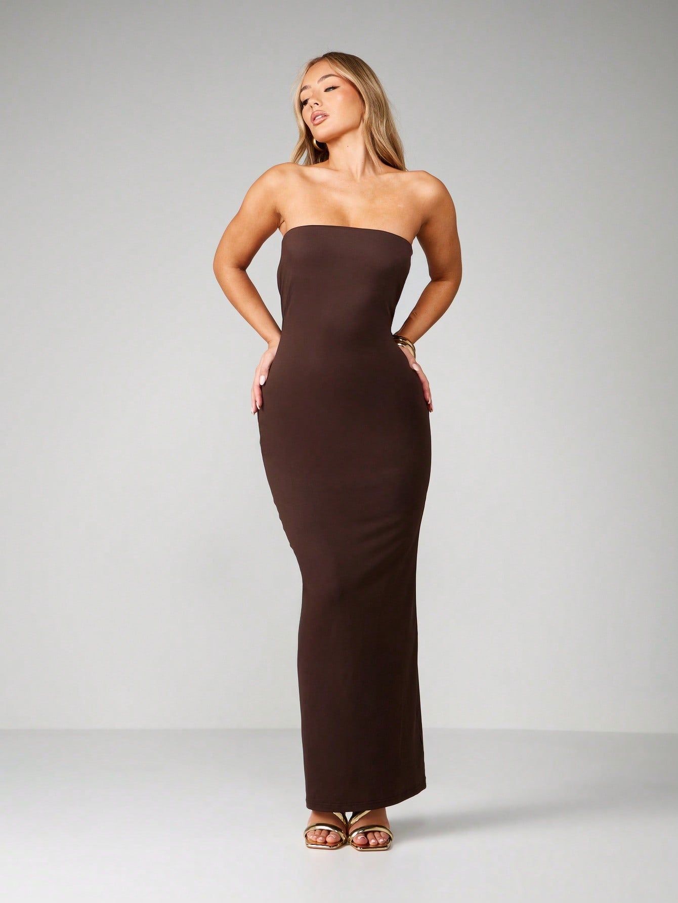 Strapless Cowl Back Bodycon Maxi Dress - Coffee Brown