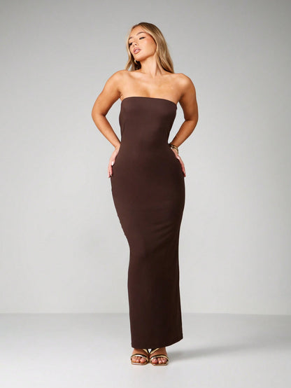 Strapless Cowl Back Bodycon Maxi Dress - Coffee Brown