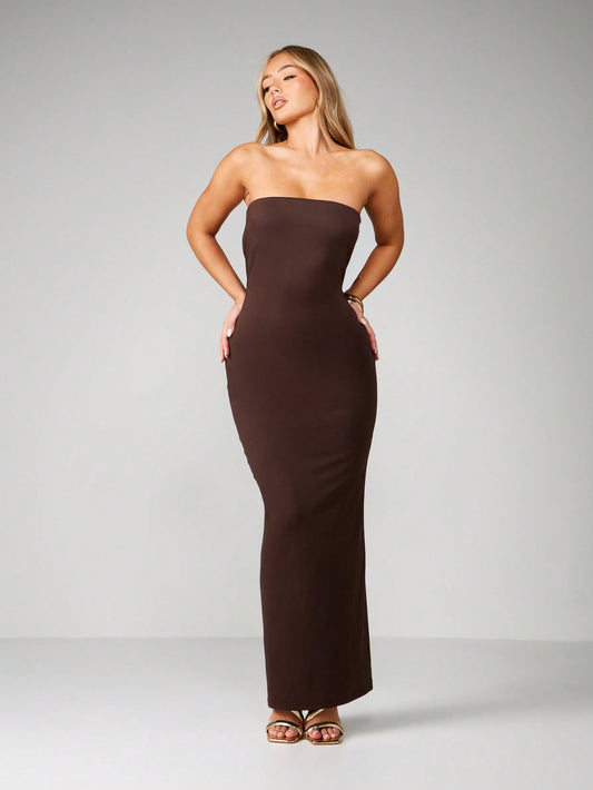 Strapless Cowl Back Bodycon Maxi Dress - Coffee Brown