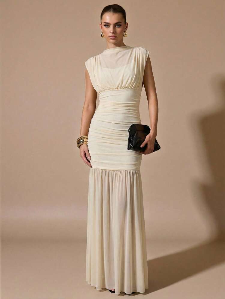 White ruched bodice maxi style dress