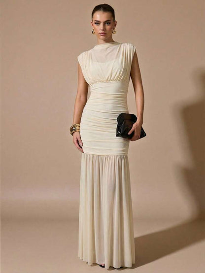 White ruched bodice maxi style dress
