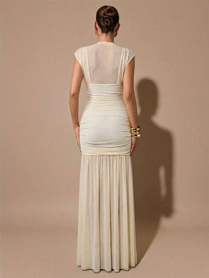 White ruched bodice maxi style dress