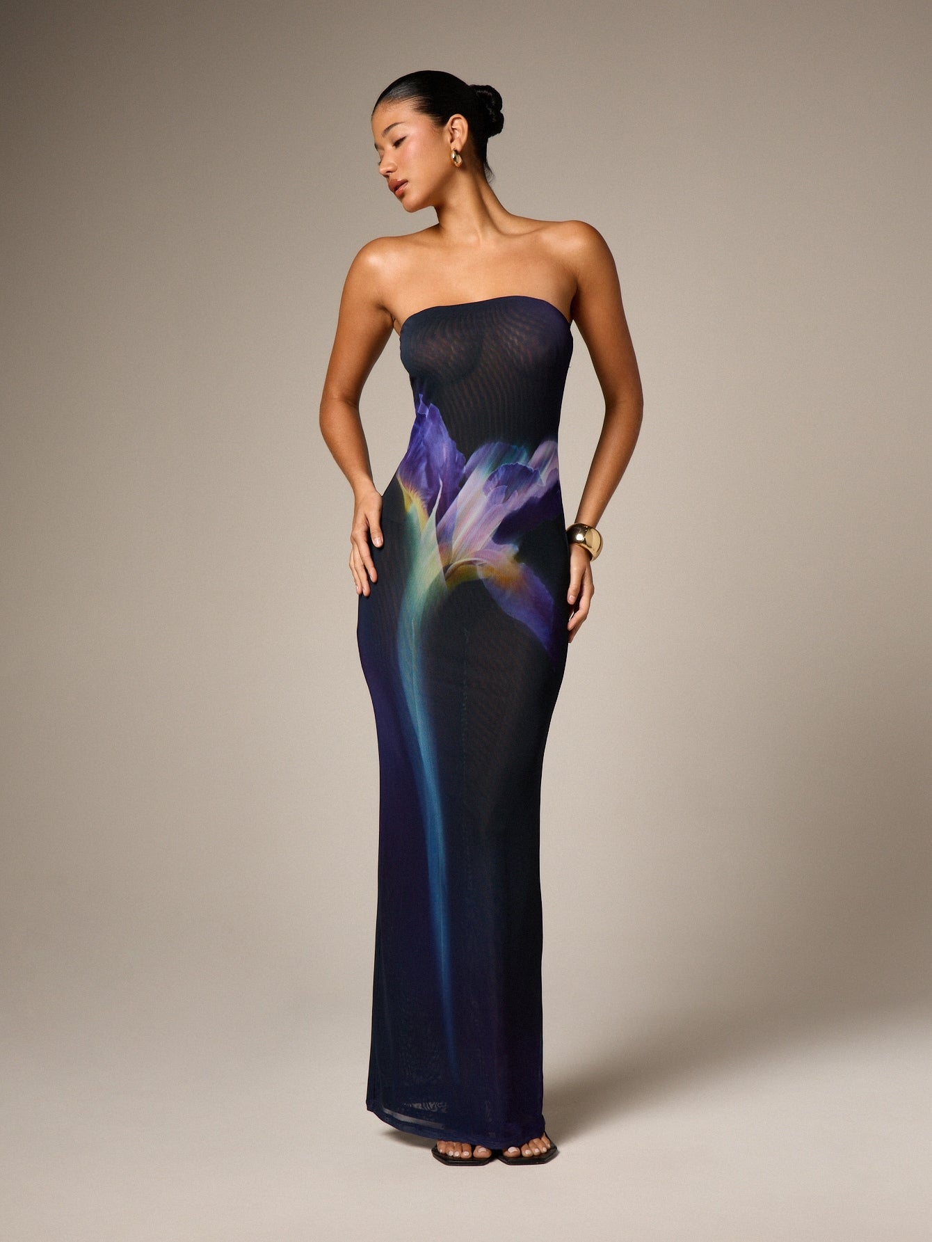 Strapless Purple Floral Mesh Maxi Dress - Multicolor