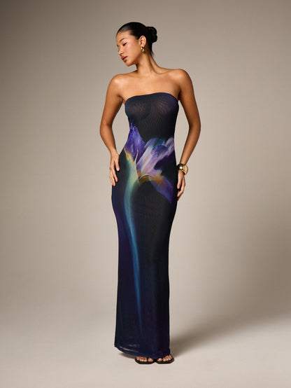 Strapless Purple Floral Mesh Maxi Dress - Multicolor