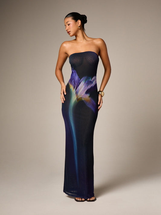 Strapless Purple Floral Mesh Maxi Dress - Multicolor