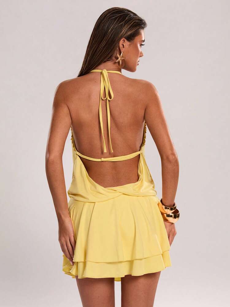 Yellow Draped Neck Mini Dress