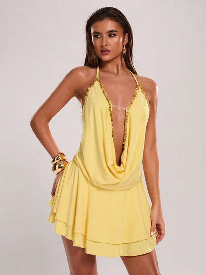 Yellow Draped Neck Mini Dress