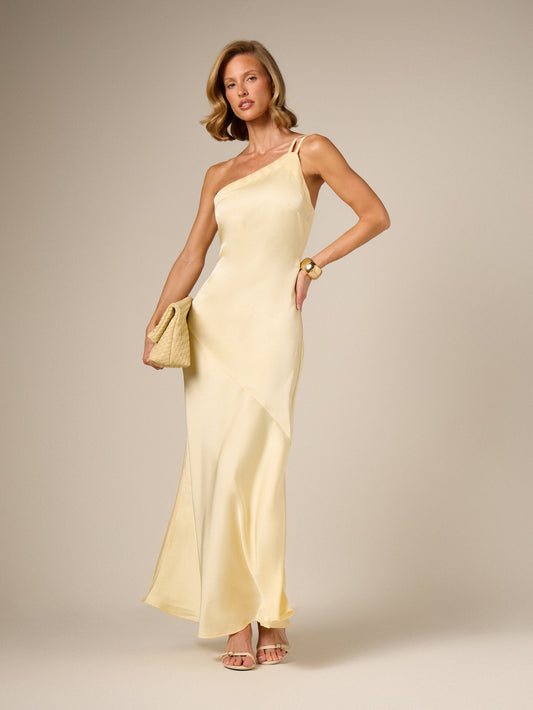 One Shoulder Satin Maxi Dress - Light Yellow