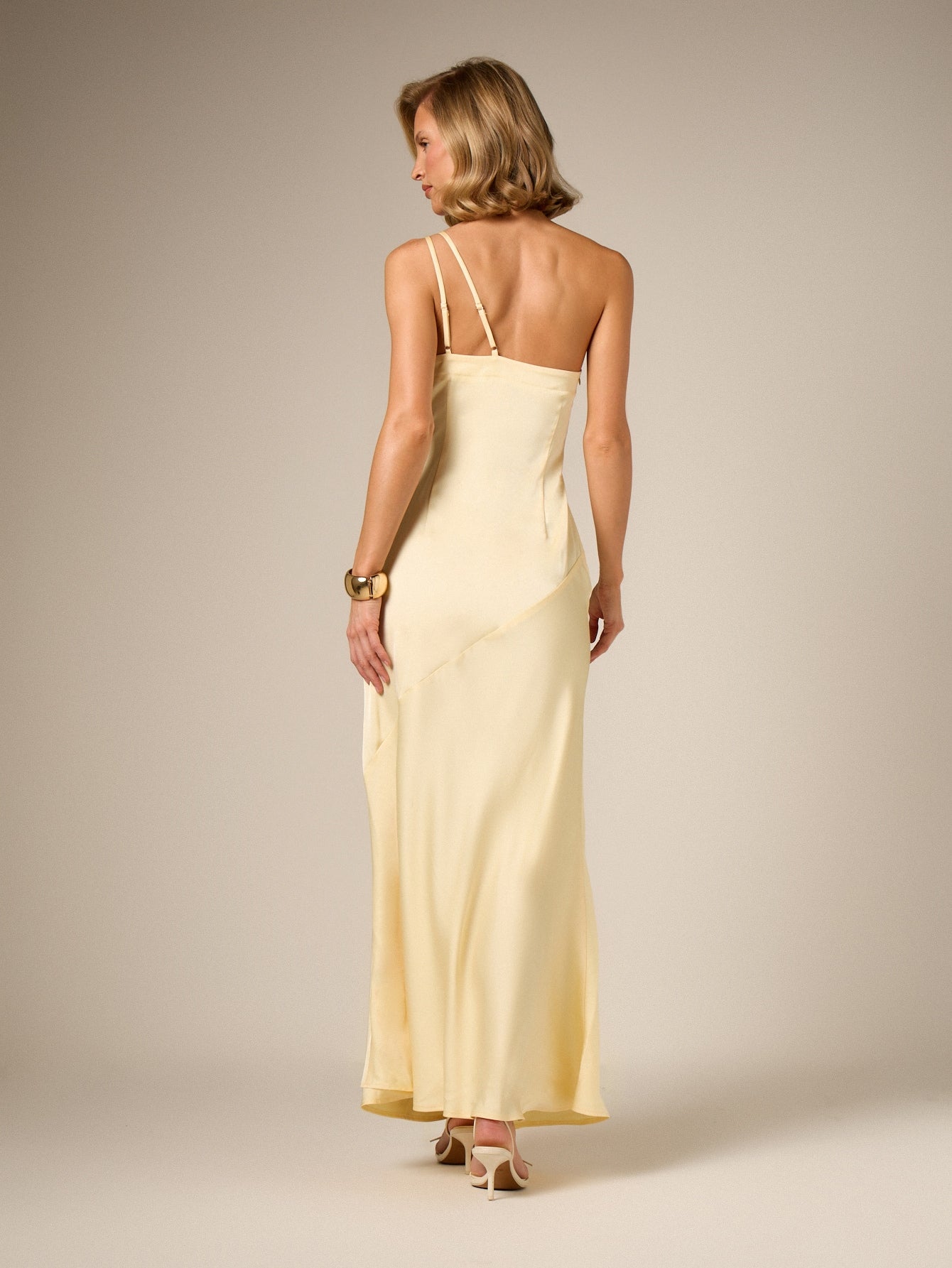 One Shoulder Satin Maxi Dress - Light Yellow