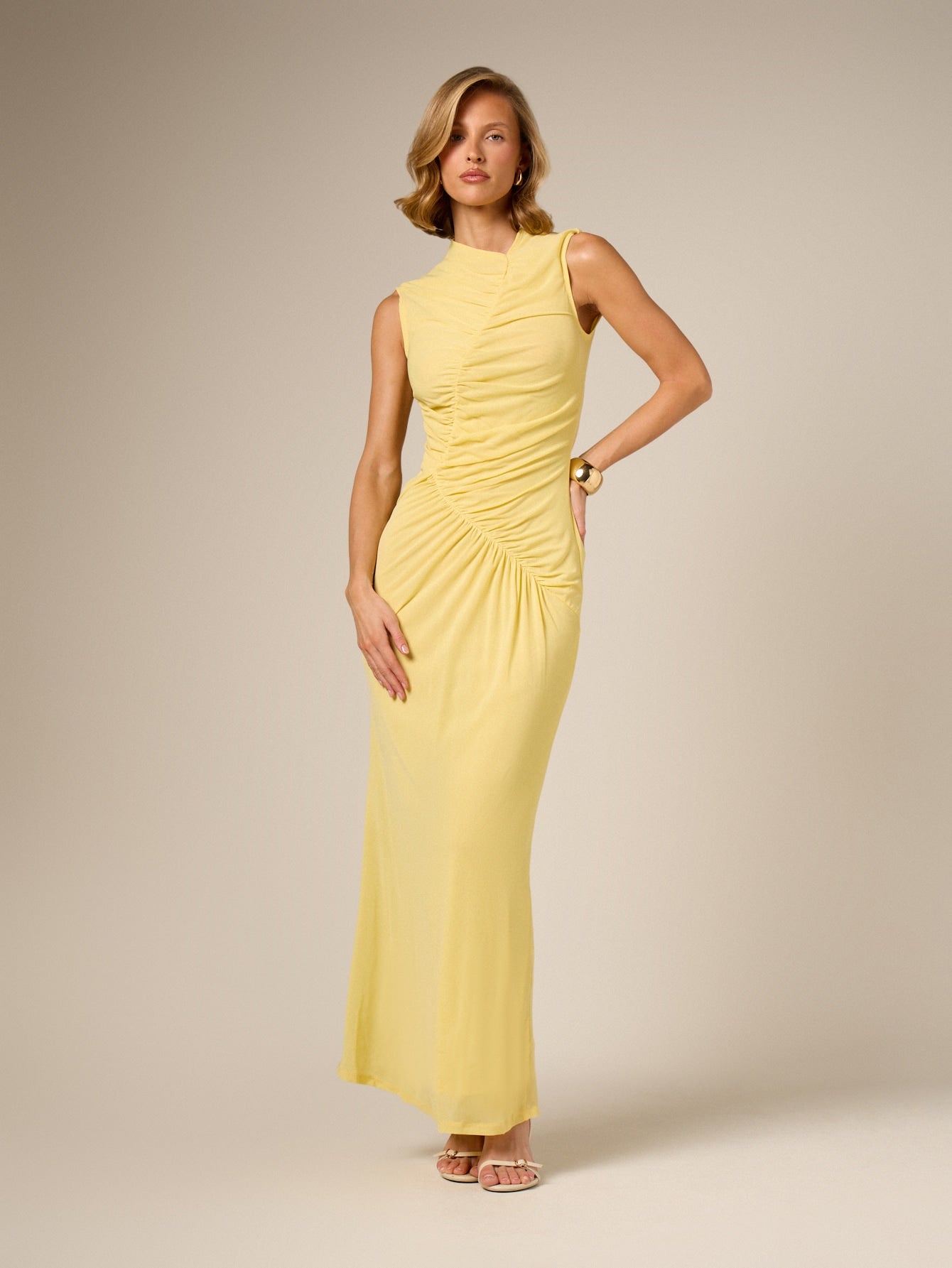 Sleeveless Ruched Mock Neck Maxi Dress - Yellow