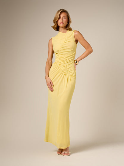 Sleeveless Ruched Mock Neck Maxi Dress - Yellow