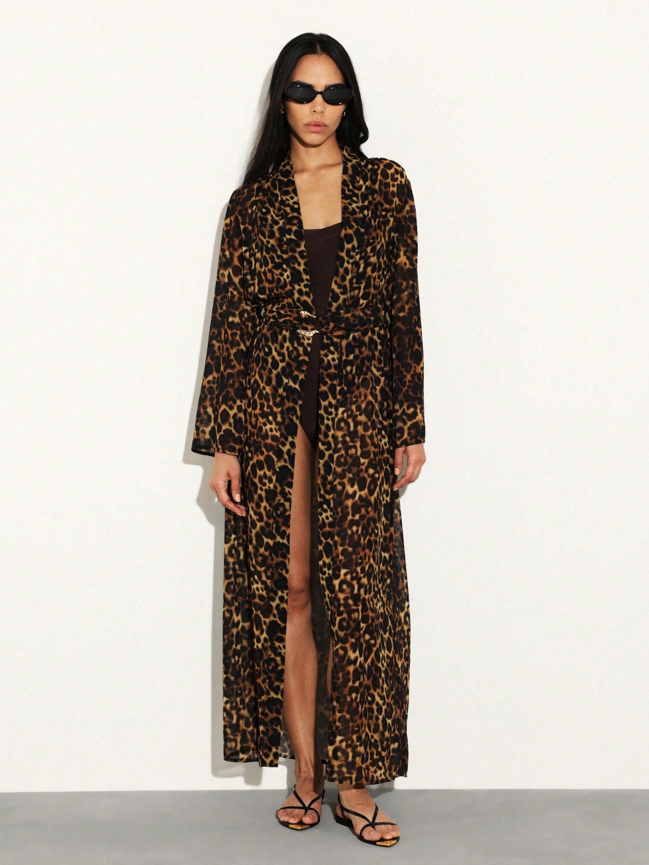 Leopard Print Chiffon Robe Cover Up - Multicolor
