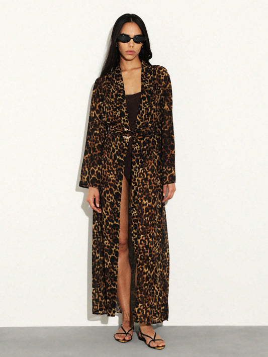 Leopard Print Chiffon Robe Cover Up - Multicolor