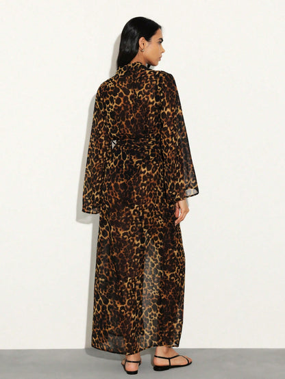 Leopard Print Chiffon Robe Cover Up - Multicolor