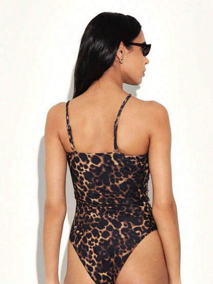 Leopard Print One Piece Swimsuit - Multicolor