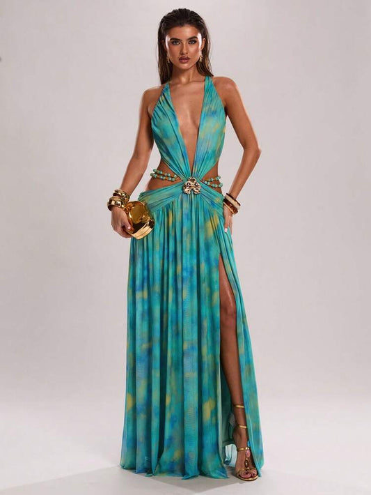 Green Strap Backless Maxi Dress