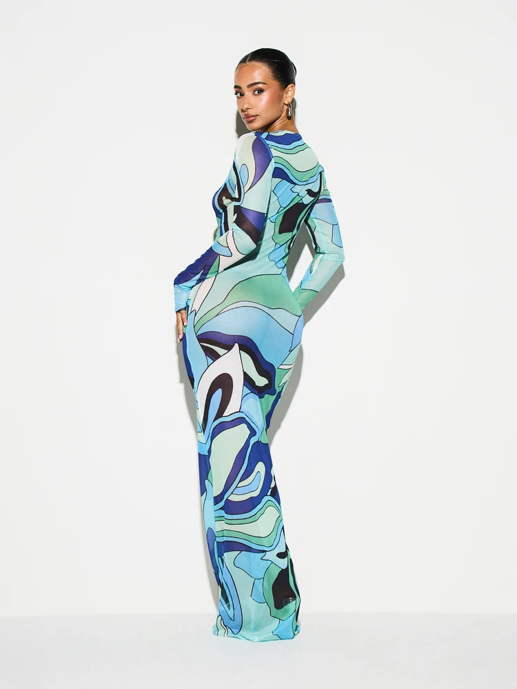 Multicolor Abstract Long Sleeve Maxi Dress