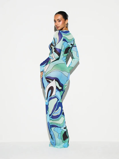 Multicolor Abstract Long Sleeve Maxi Dress