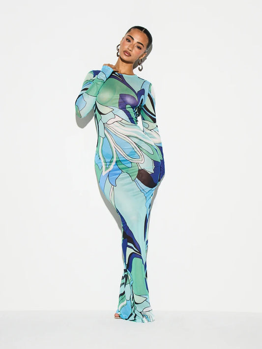 Multicolor Abstract Long Sleeve Maxi Dress