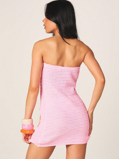 Strapless Crochet Floral Mini Dress - Pink