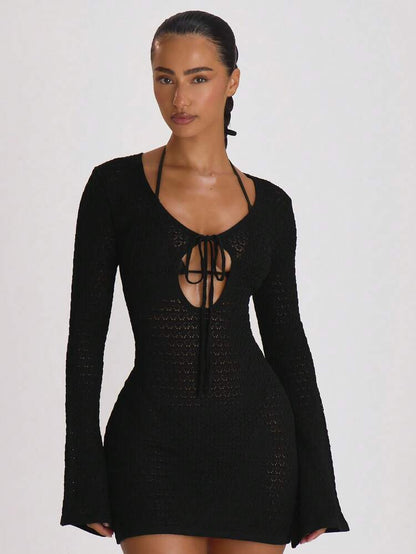 Black Knit Tie Front Cover Up Dress