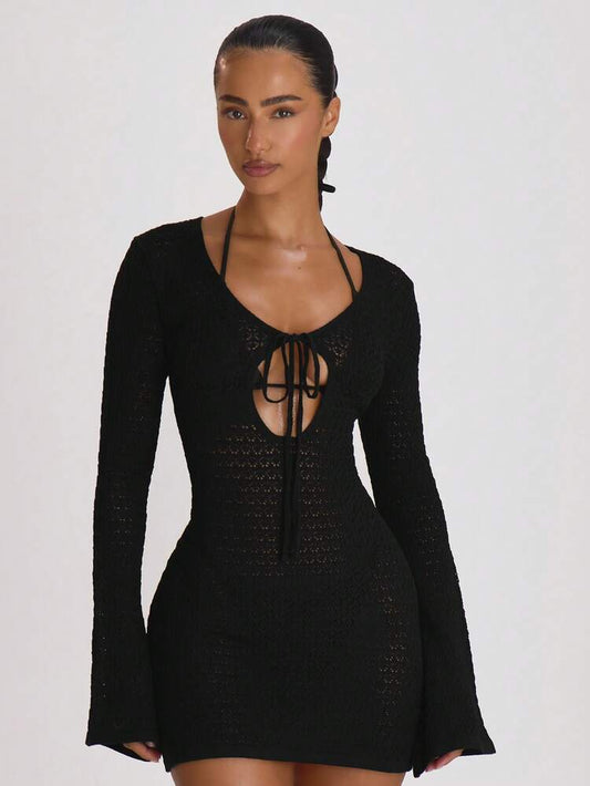 Black Knit Tie Front Cover Up Dress