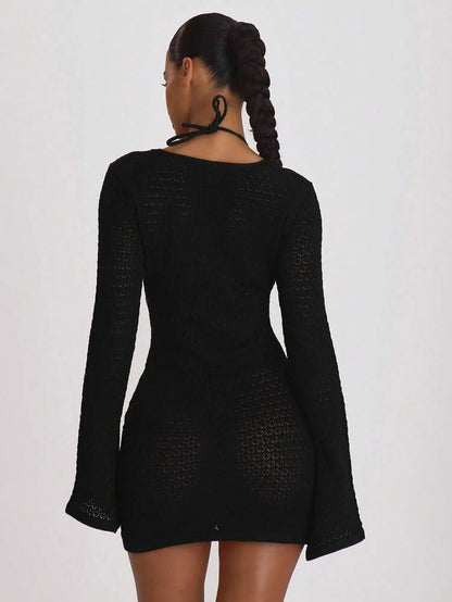 Black Knit Tie Front Cover Up Dress