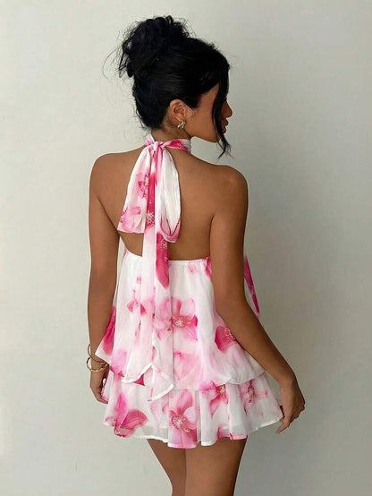 Halter Tie Mini Dress - White Daisy