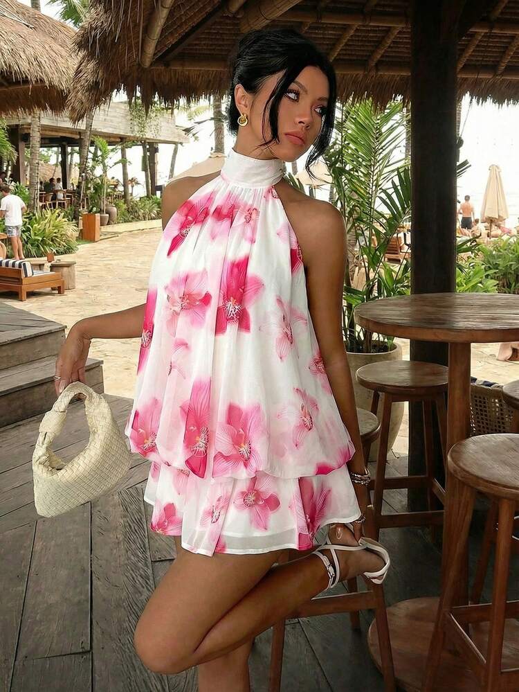Halter Tie Mini Dress - White Daisy