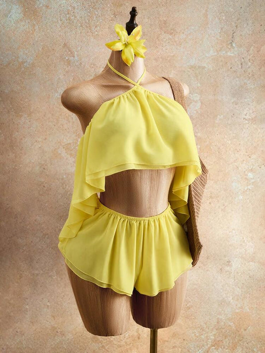 Sunlit Chiffon Halter Romper - Yellow