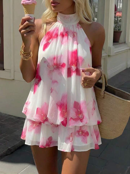 Halter Tie Mini Dress - White Daisy