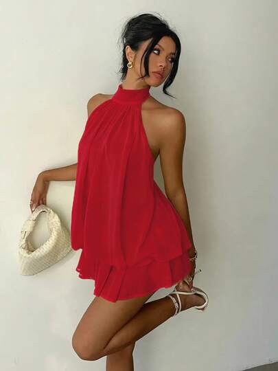 Halter Tie Mini Dress - Red