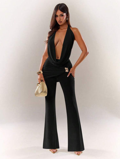Black Deep V Pant Set