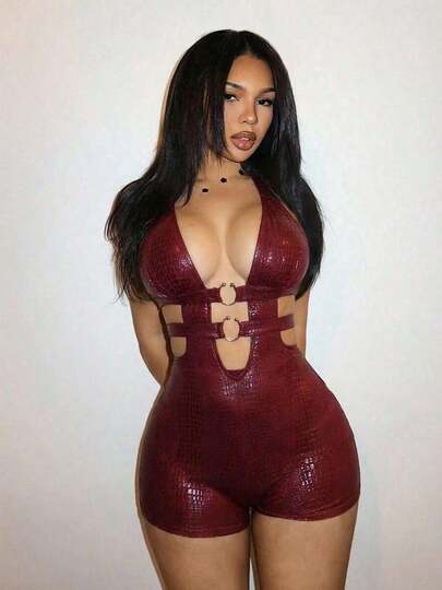 Burgundy PU Cutout Mini Dress