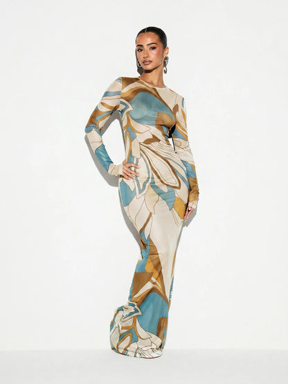 KIZN Printed Mesh Sheer Long Sleeve Maxi Dress Cover Up - Brown