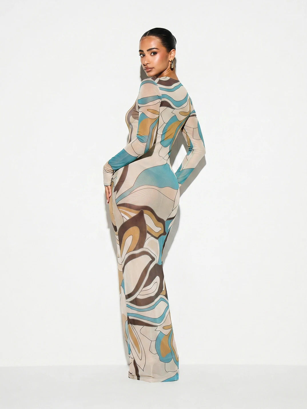 KIZN Printed Mesh Sheer Long Sleeve Maxi Dress Cover Up - Brown