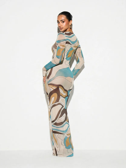 KIZN Printed Mesh Sheer Long Sleeve Maxi Dress Cover Up - Brown