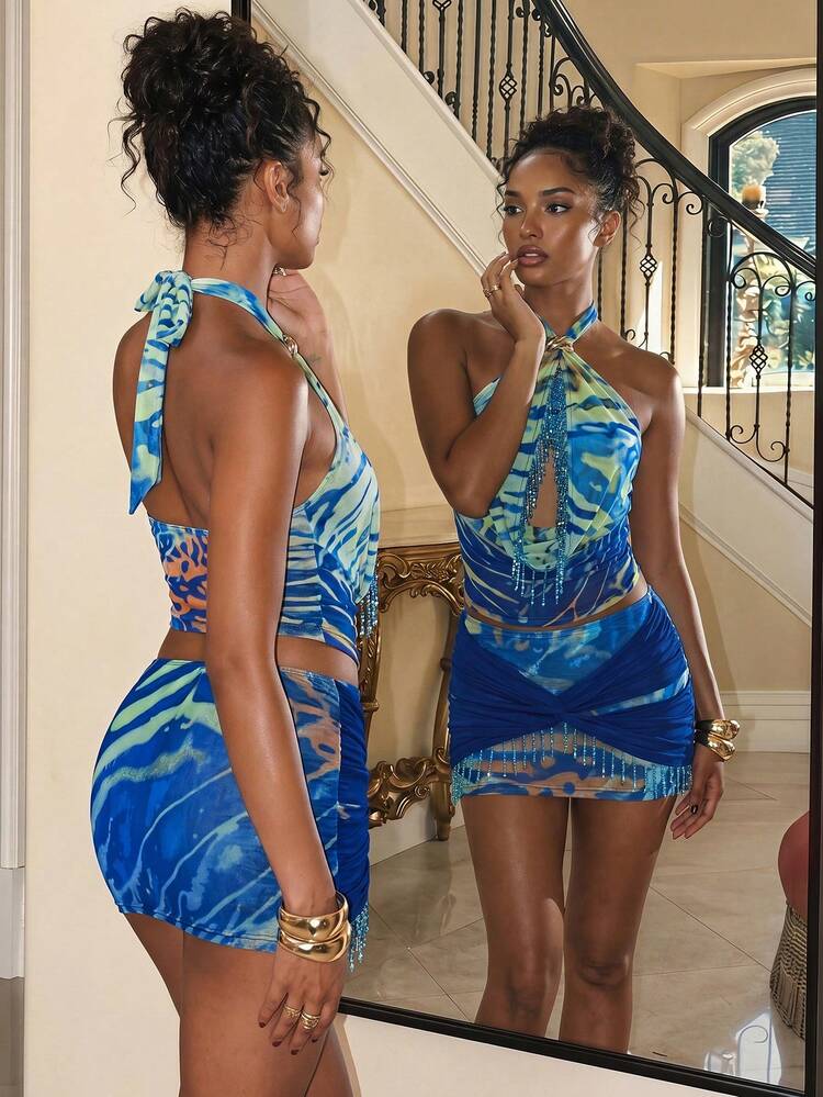 Blue Fringe Mini Dress