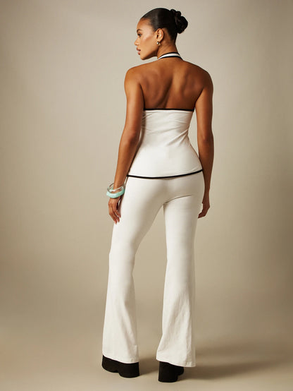 Missguided Halter Neck Vest Top and Flared Trouser Set - Black and White