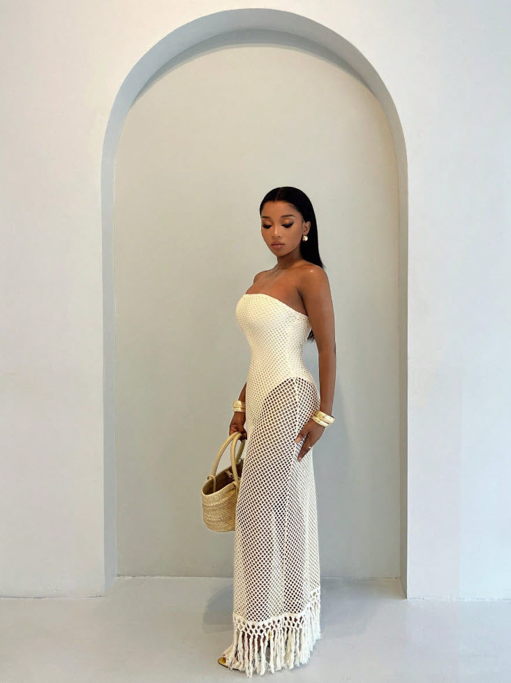 Crochet Mesh Tassel Cover-Up Dress - Apricot