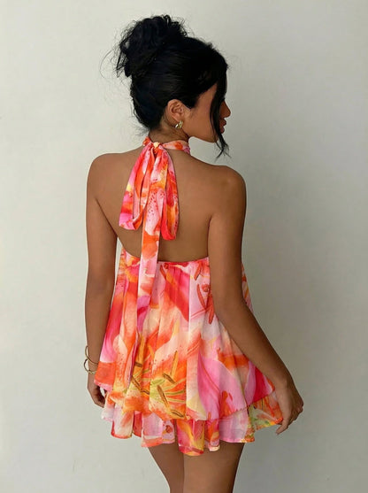Halter Tie Mini Dress - Hibiscus