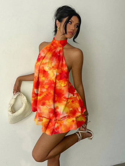 Halter Tie Mini Dress - Burning Orange